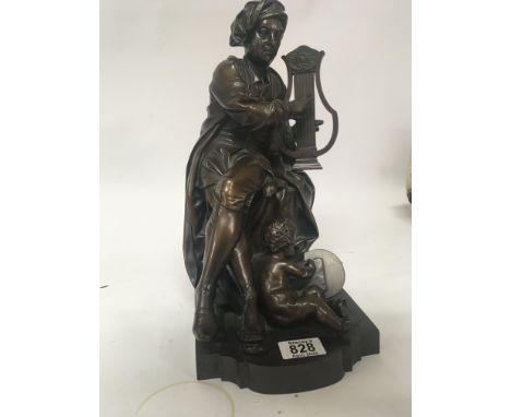 A late 19th century Elkington &Co bronze figure group a Continental seated figure playing a harp with a small putti at foot s