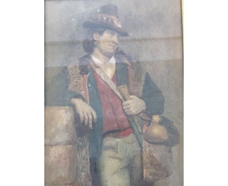 A 19th century watercolour study of a Continental figure holding a hunting horn unsigned and unattributed. 34x41cm