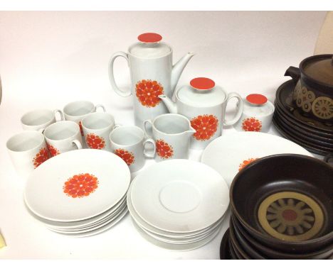 A mid 20th century design Thomas German porcelain tea coffee set with a an orange modern design pattern and a Denby ceramic d