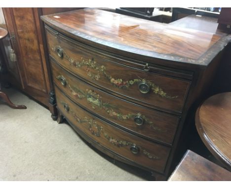 A Quality late George III hand painted bow fronted chest of drawers with a brushing slide on swept bracket feet. Length 42cm
