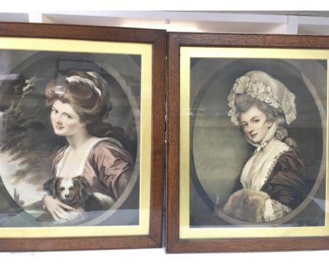 A framed portrait of lady Hamilton showing her with her dog and the other of Mrs Mary Robinson.