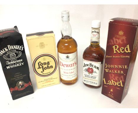 A Bottle of Dewars Scottish Perth Whiskey 1litre a Bottle of Jim Beam Johnnie walker red label Long John and a bottle of Jack