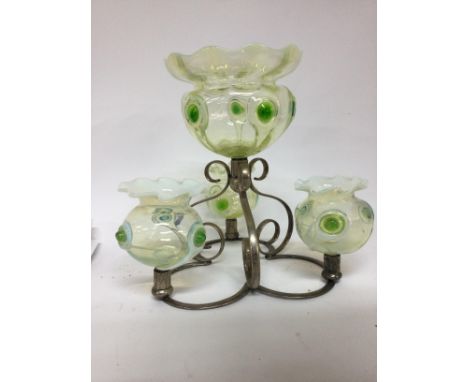 A glass and silver plated epergne inset with with four green opaque glass bowls having Art nouveau Influences. 25 cm .