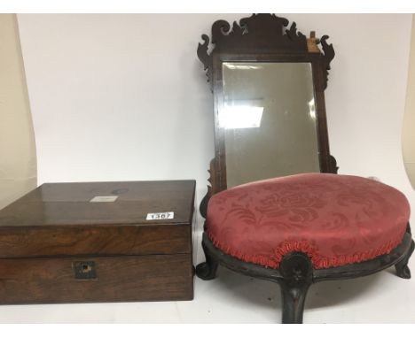 A Victorian rosewood traveling box with a fitted interior a Victorian stool and a George III wall mirror (3)
