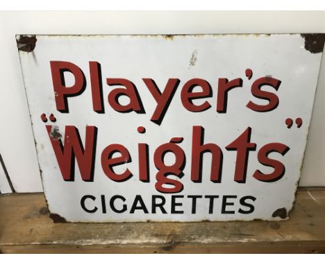 A vintage Players Weights cigarettes enamel advertising sign, dimensions 55cm long 42 cm tall