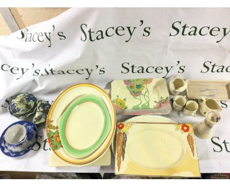 Clarice cliff ceramics including a vase , rectangular dish, oval islands dish, other dishes and Frinton cups , Japanese Blue 