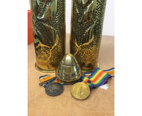 Trench art vase inkwell together with two First World War medals awarded J Durbury R . E .