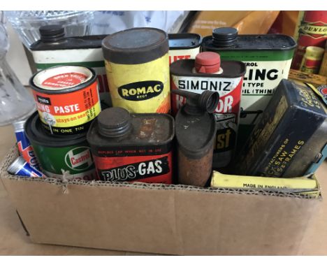 A collection of various vintage motoring tins including Plus gas, Castrol grease, anti rust etc