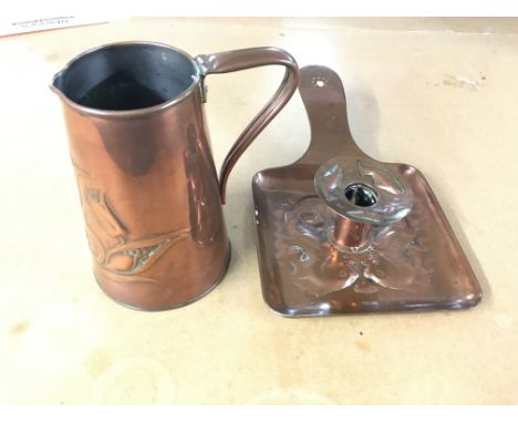 Newlyn school copper chamberstick c1910 marked on base and Art Nouveau copper jug by J Shanky marked J S and S o base 14cm ta