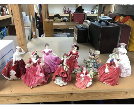 A Collection of Porcelain royal Doulton figures including Top o the hill, Lydia, Autumn breezes etc , Coalport figures and on