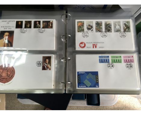 A box containing five albums of jersey first day covers.