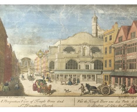 An 18th Century coloured print a study of a Perspective view of Temple Barr 1753 and other 19th century prints of Temple Bar.