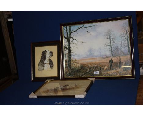 A framed Print of men on a shoot, Print by Gelegony & Messier of a gun dog chasing Pheasants and a framed Print of a black an