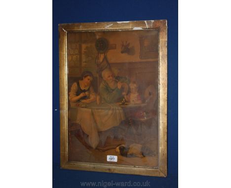 A framed Pears style Print depicting a lady and a gentleman sat at a table with a young child playing with Dominoes and the p