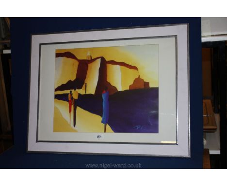 A large modernistic print of a figure walking along a sea shore with cliff and lighthouse.  Signed lower right.