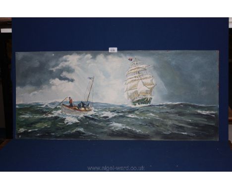 An oil on board depicting a seascape with figures in a rowing boat with a ship in the distance.  Signed RR
