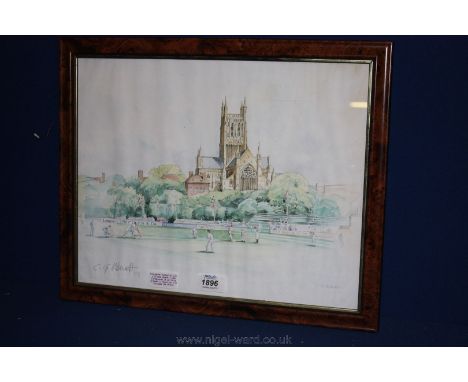 'Worcester Cathedral' with a Cricket Match in the Foreground. A LE Print Signed in Pencil by C G Willmott the Artist.