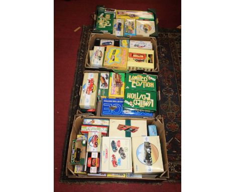 Four boxes containing a large collection of mixed boxed and playworn Corgi, Vanguards and GB Models playworn diecast vehicles