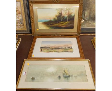 E Holland - Boats on the calm, watercolour, signed and dated 1919 lower right, 18 x 52cm; together with an early 20th century