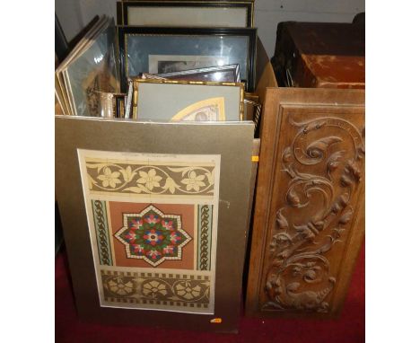Mixed lot to include contemporary prints, 19th century carved walnut panel, landscape watercolour etc 