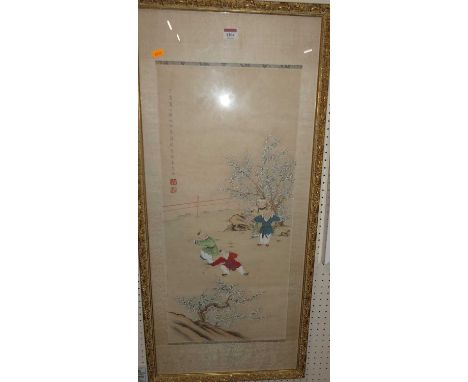 Late 19th / early 20th century Chinese school - Children playing in a Summer garden, painting on silk scroll, having script a