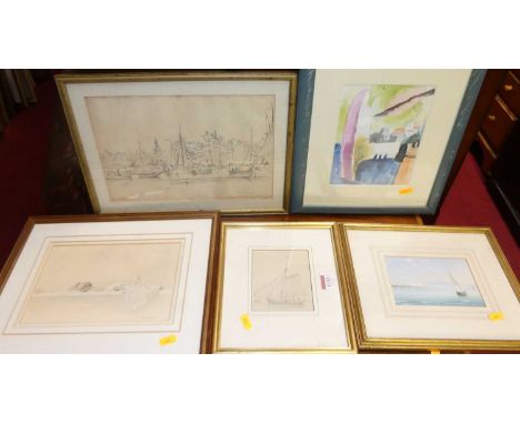 Assorted pictures and prints to include pencil sketch of a sailing barge, watercolours etc, mainly being nautical (7) 