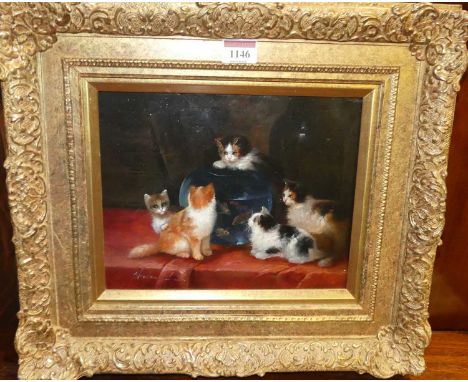 Helen Lee - Kittens with goldfish bowl, oil on panel, signed lower left, 20 x 25cm