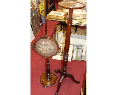 A mahogany pedestal plant stand, having turned column, together with a 19th century rosewood tapestry inset pole screen (2)