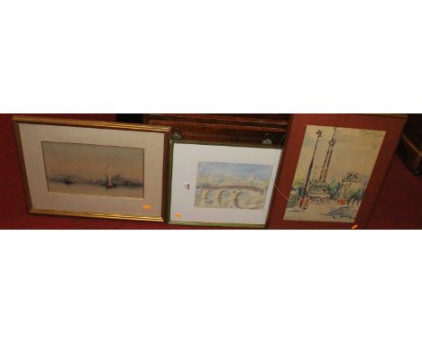 J Bromley Davenport - watercolour; David Roberts - lithograph; G Ganbison - Paris, watercolour; and a print of the madonna (4