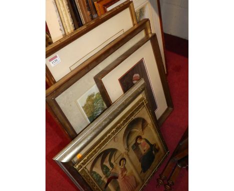 Assorted pictures and prints, polychrome painted wooden panel, two-section screen etc 