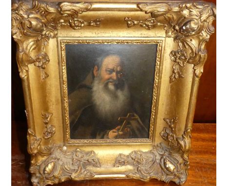 19th century continental school - Half-length portrait of a monk, oil on card, 14 x 11.5cm 