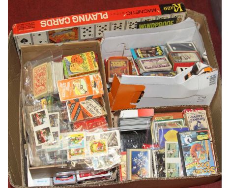 One box of mixed vintage and modern release playing cards to include Happy Families, Beat Your Neighbours, Grandfather's Whis