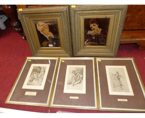 A pair of late Victorian reverse portrait prints, being later tinted; monochrome prints etc 