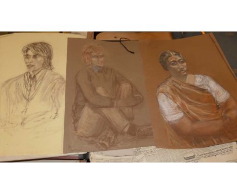 An artists folio and contents consisting largely of late 20th century pastel portrait studies 