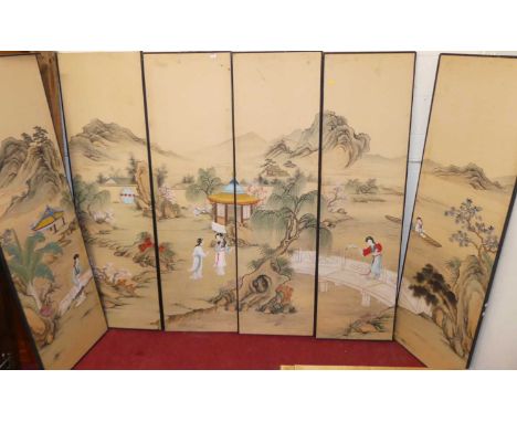 A Japanese six-division panelled screen, the painted canvas panels decorated with figure landscape scenes, each panel 185 x 5