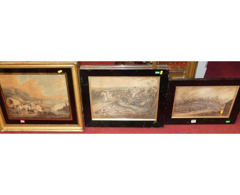 Smugglers at moonlight colour mezzotint; Hunting scene colour mezzotint; and a Coaching scene colour mezzotint (3)