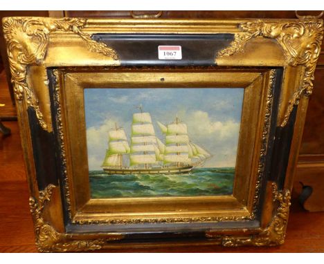 A reproduction oleograph depicting three-masted clipper ship, bears signature Webb and date 1872, 20 x 25cm 