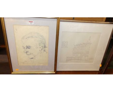 Nigel Foxell - Entrance to Bank Station, pencil, 30 x 32cm; together with an ink portrait study (2)