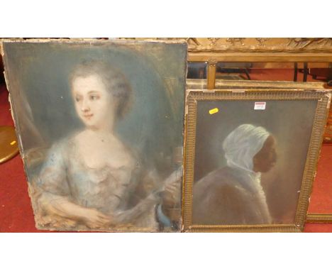 19th century school - Bust portrait of a maiden, pastel, unframed, 64 x 49cm; together with a profile portrait of an African 