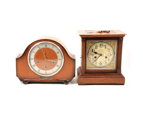 German stained wood mantel clock, silvered square dial, movement striking on a gong, 17cm; and a walnut veneered mantel clock