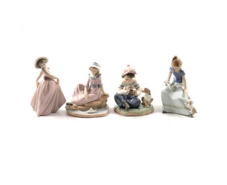 Lladro Daisy 6274, with stand; Rose 6275, with stand; Iris 6276, with stand; I Hope She Does 5450; Nao girl with paper boat; 