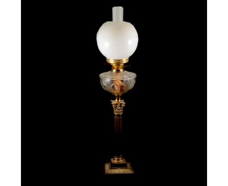 Edwardian oil lamp, with chimney, opaque glass shade, cut glass reservoir, brass Corinthian column, 81cm.