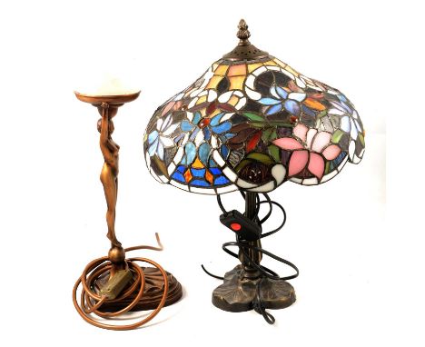 Pair of Art Deco style table lamps, composition, modelled with female nude supporting a globe shade, 47cm; and Art Deco style