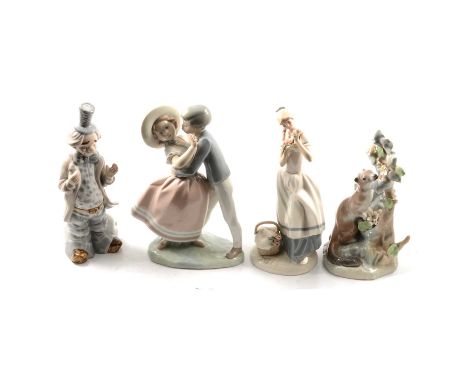 Four Lladro figural groups, Sweeping Girl under lamp with cat; Boy kissing girl; Blue boy with lamb; Ermine; Franklin Porcela