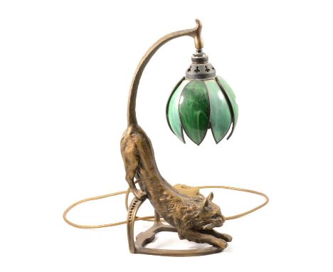 Victorian style oil lamp (modern), designed as a cat the tail supporting a shade, 45cm.Condition report:The lamp is made of r
