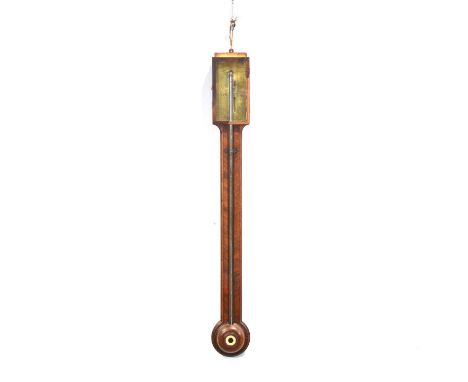 George III mahogany stick barometer, the dial engraved Peter Cossa Fecit, 95cm, as found, and an inlaid mahogany banjo barome