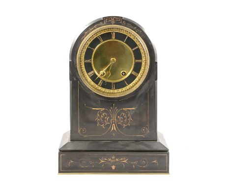 French black marble mantel clock, brass dial with black chapter-ring, moulded gilt surround, eight-day movement, striking on 