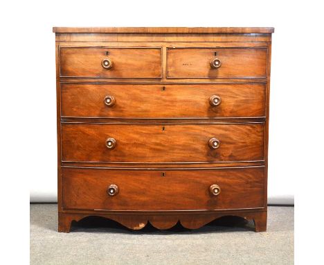 Victorian mahogany bowfront chest of drawers, fitted with two short and three long graduating drawers, turned handles, bracke