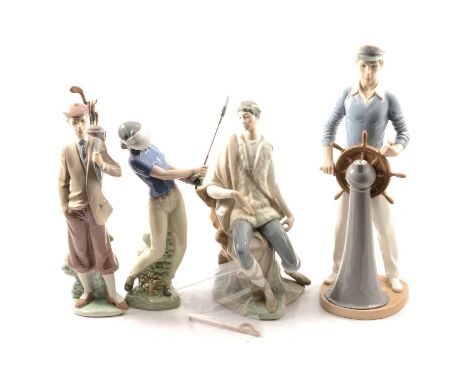 Lladro Sailor, 34cm; Shepherd boy (broken crook), 25.5cm; Golfer, 29.5cm; girl with flowers, 21cm; and Nao female golfer, 25c