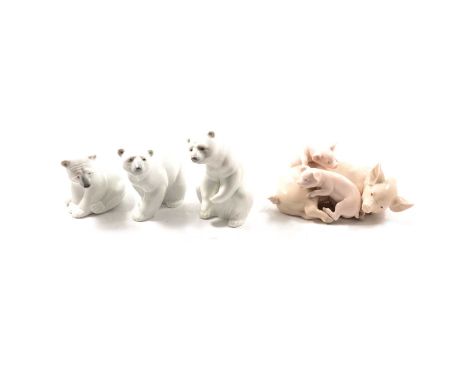 Lladro Playful Piglets 5228; Attentive Polar Bear 1207; Resting Polar Bear 1208; Seated Polar Bear 1209; Little Ducks After M